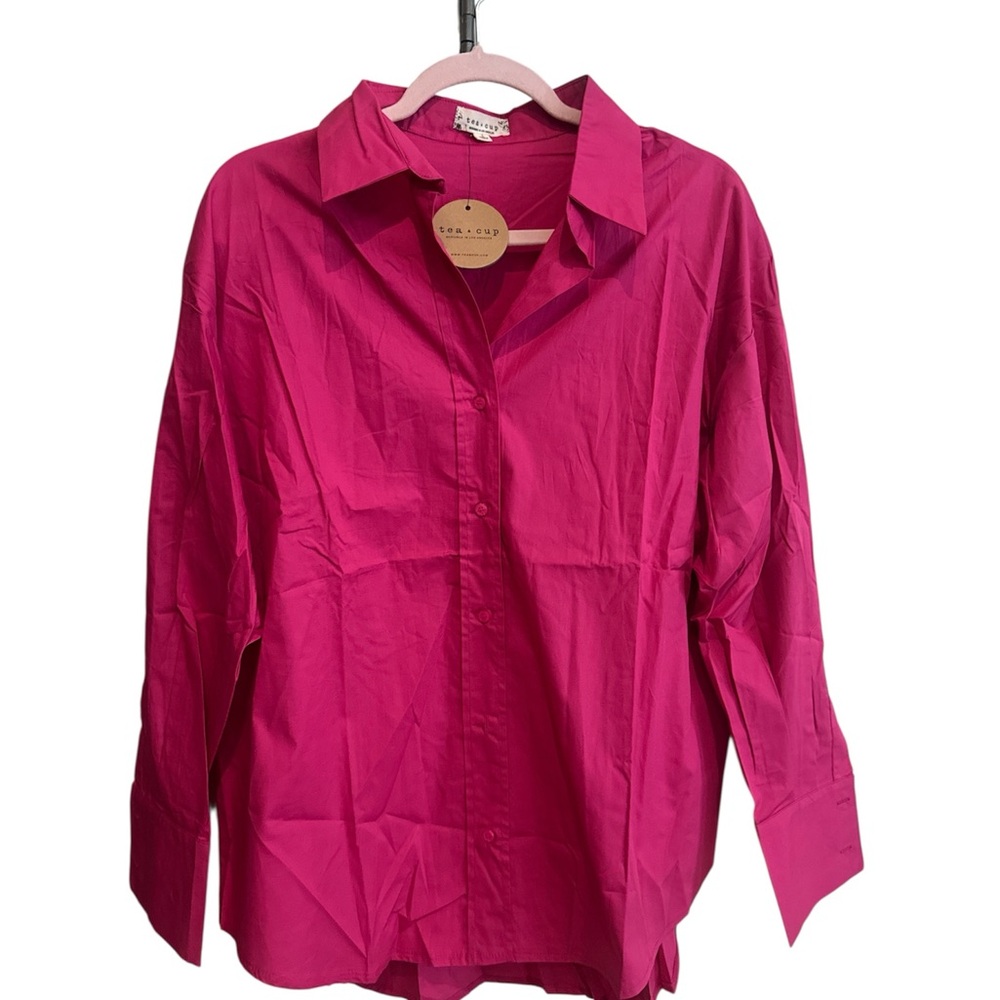 Tea & Cup Pink Women’s Collar Button Down Shirt size Large